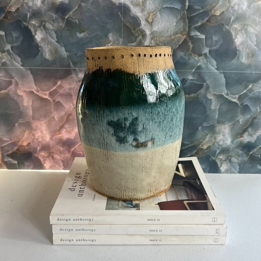 Studio Art Pottery Vase 10" Blue Gradient Tones Handmade & Signed